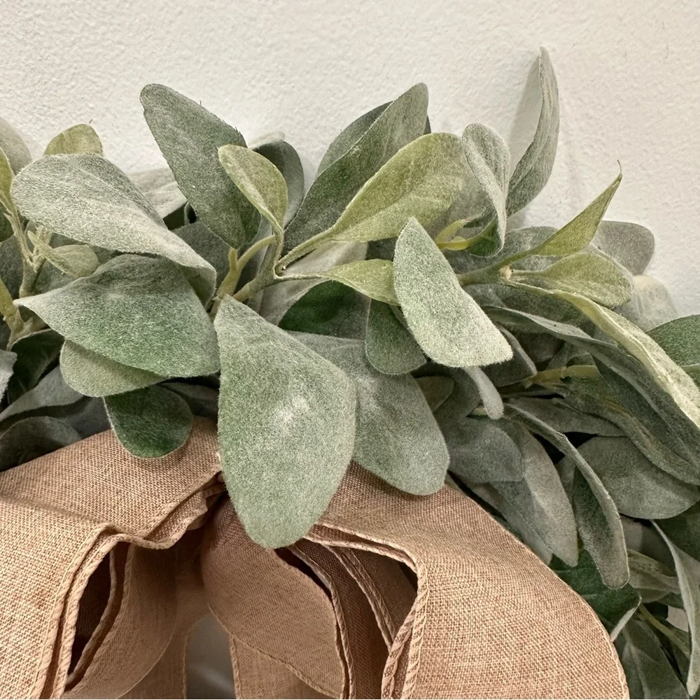 Faux Eucalyptus Lambs Ear Wreath Burlap Bow - Green Soft Silvery Greenery 23”